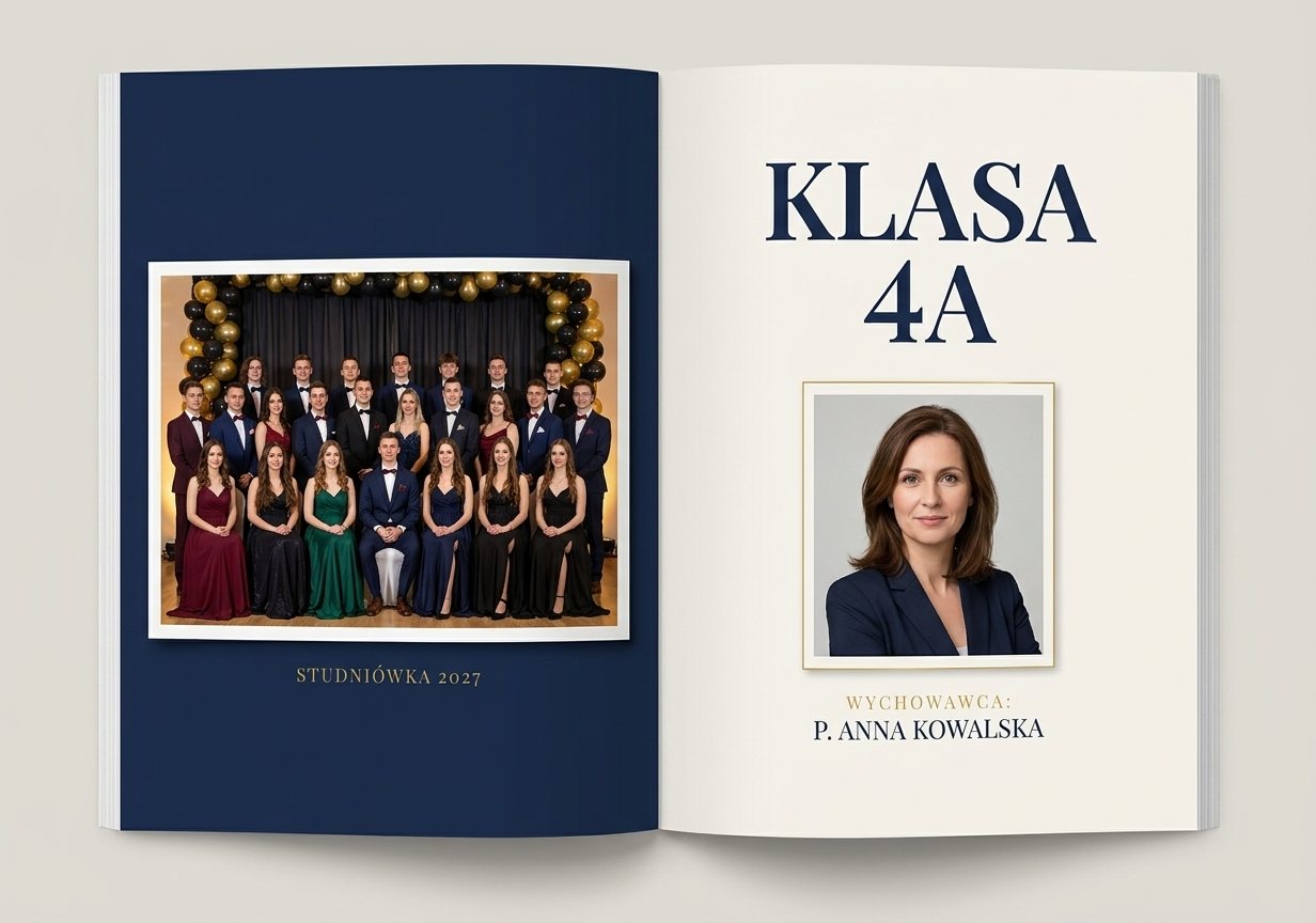 Rozkładówka otwierająca klasę: zdjęcie studniówkowe i portret wychowawcy